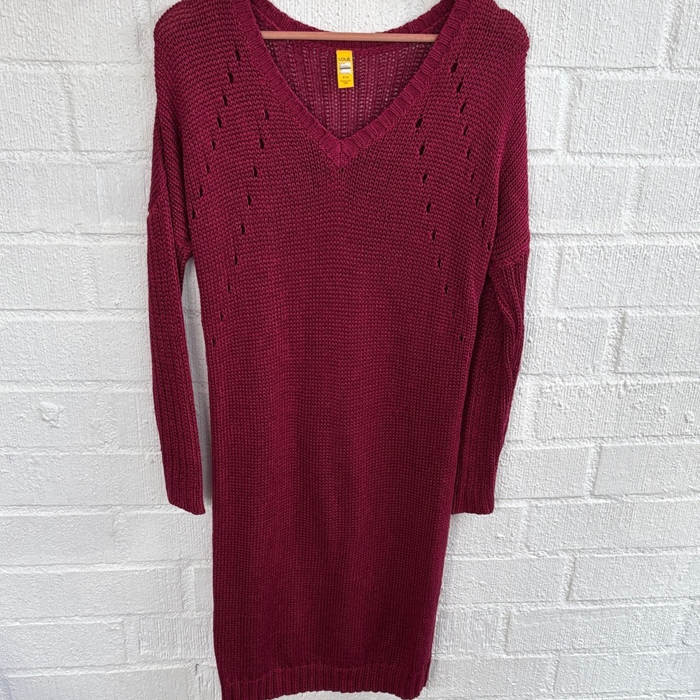 Lolé Knit Burgundy V-Neck Long Sleeve Sweater Dress sz M